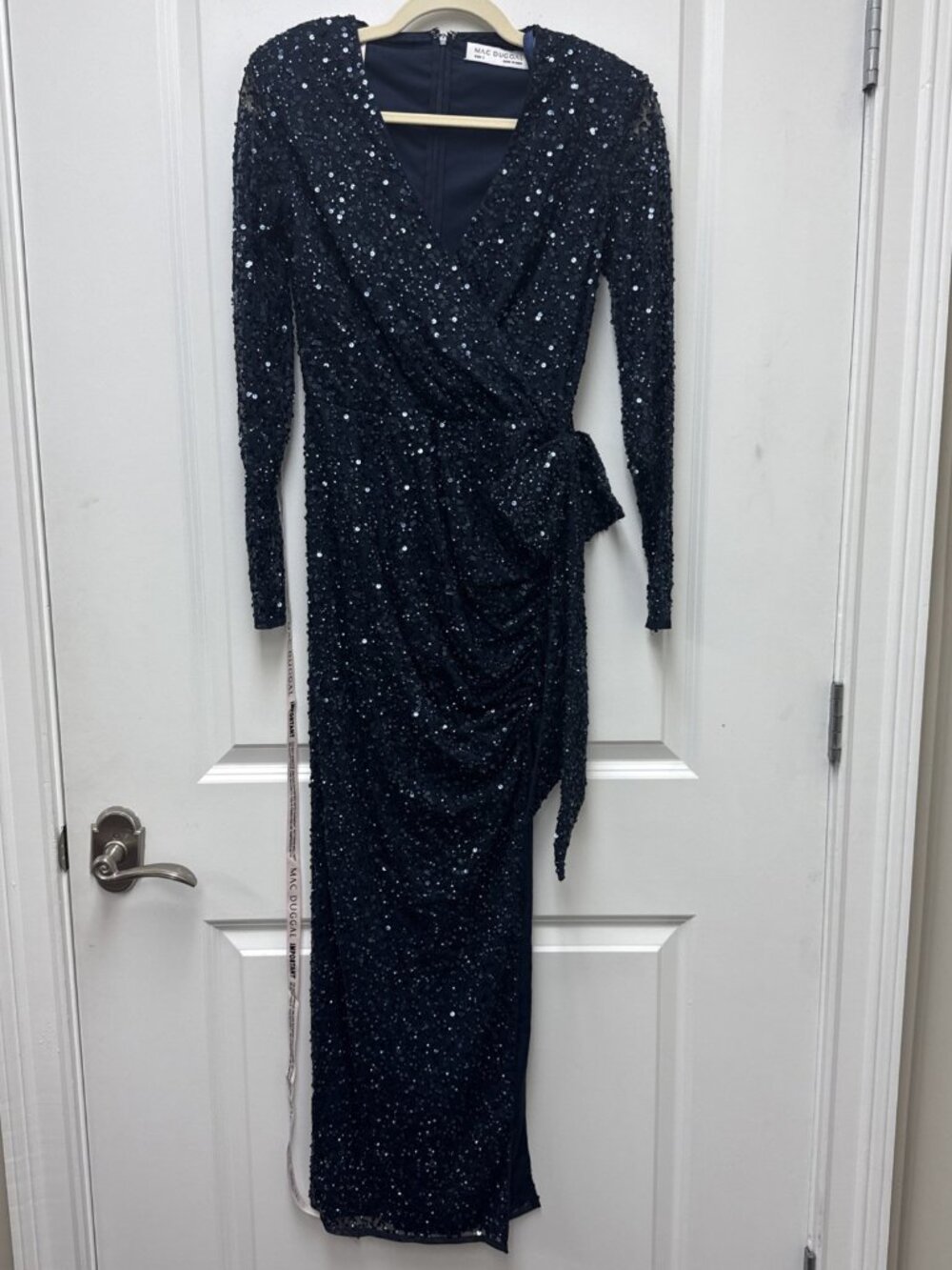 Mac Duggal Size 2 Navy 10558 Sequined Wrap Bow Cocktail Midi Long Sleeve Dress - Picture 5 of 12